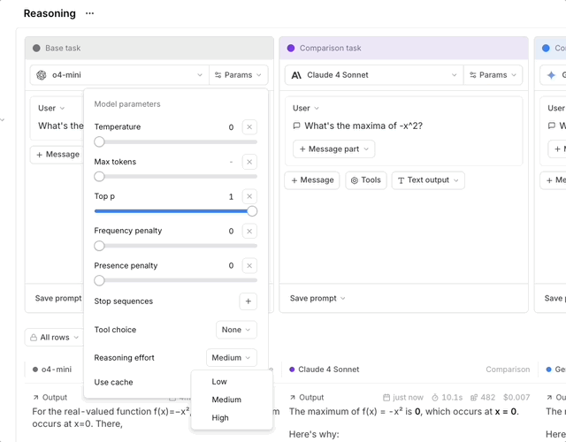 Screenshot showing reasoning parameters in playground model settings - reasoning_effort dropdown, reasoning_enabled toggle, reasoning_budget input field